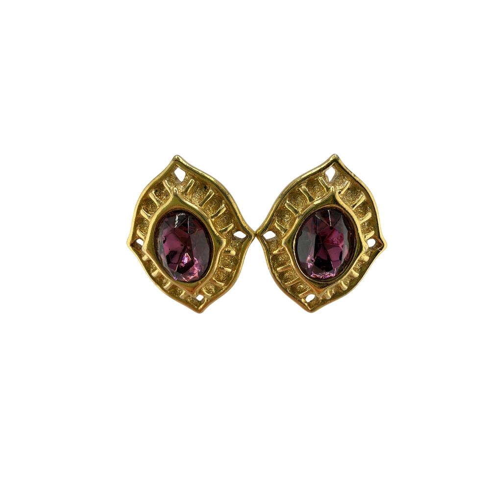 Vintage Trifari Gold Tone Magenta Crystal Clip-On Earrings